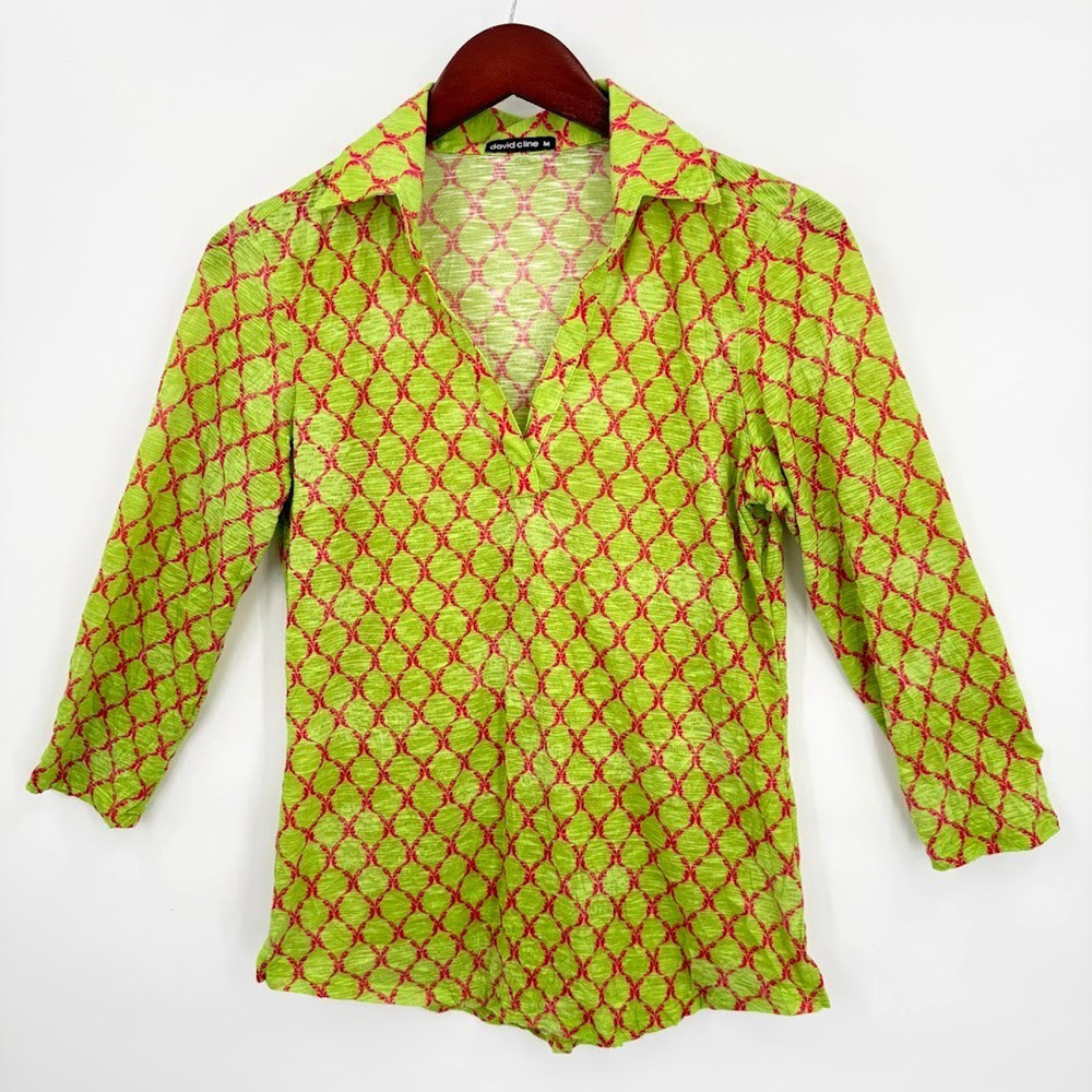 David Cline Blouse Womens M Green Pink Abstract Print 3/4 Sleeve Stretch Top